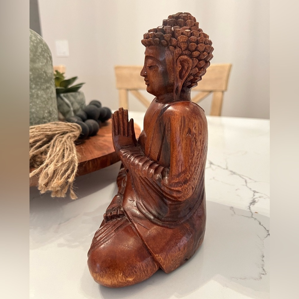 Hand Carved Wooden Seated Prayer Buddha - Picture 2 of 7